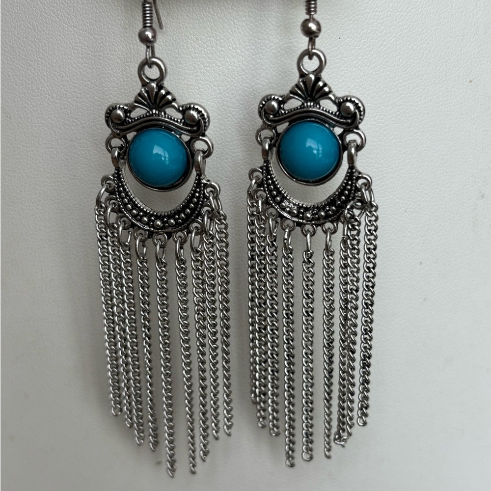 Faux Turquoise Dangling Chains Earrings/Silver Tone/Filigree